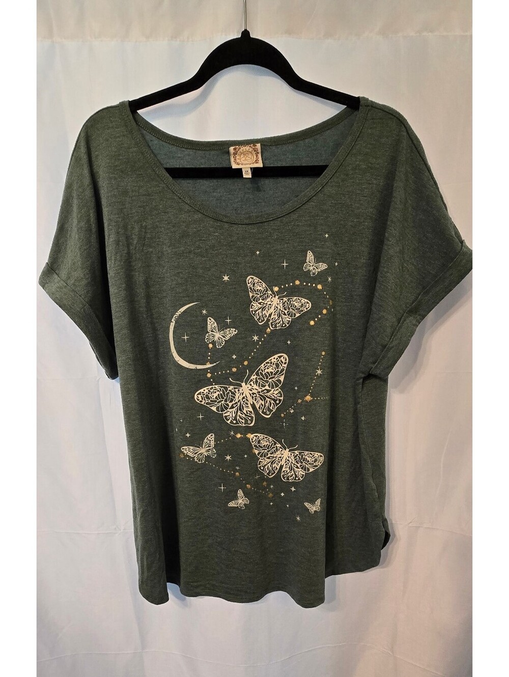 Rebel & Soul 2X Butterfly Moon Celestial Graphic Top Green Boho